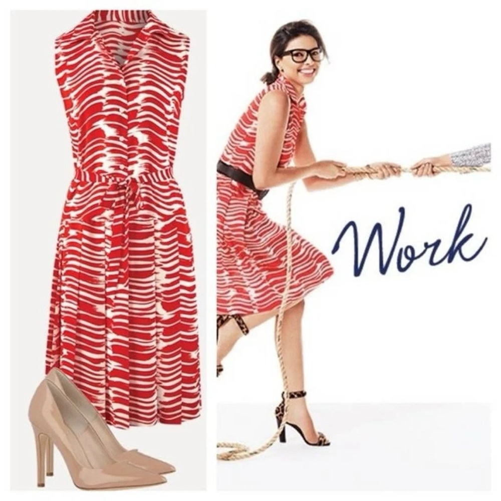 Cabi red print sleeveless pleated skirt midi dress